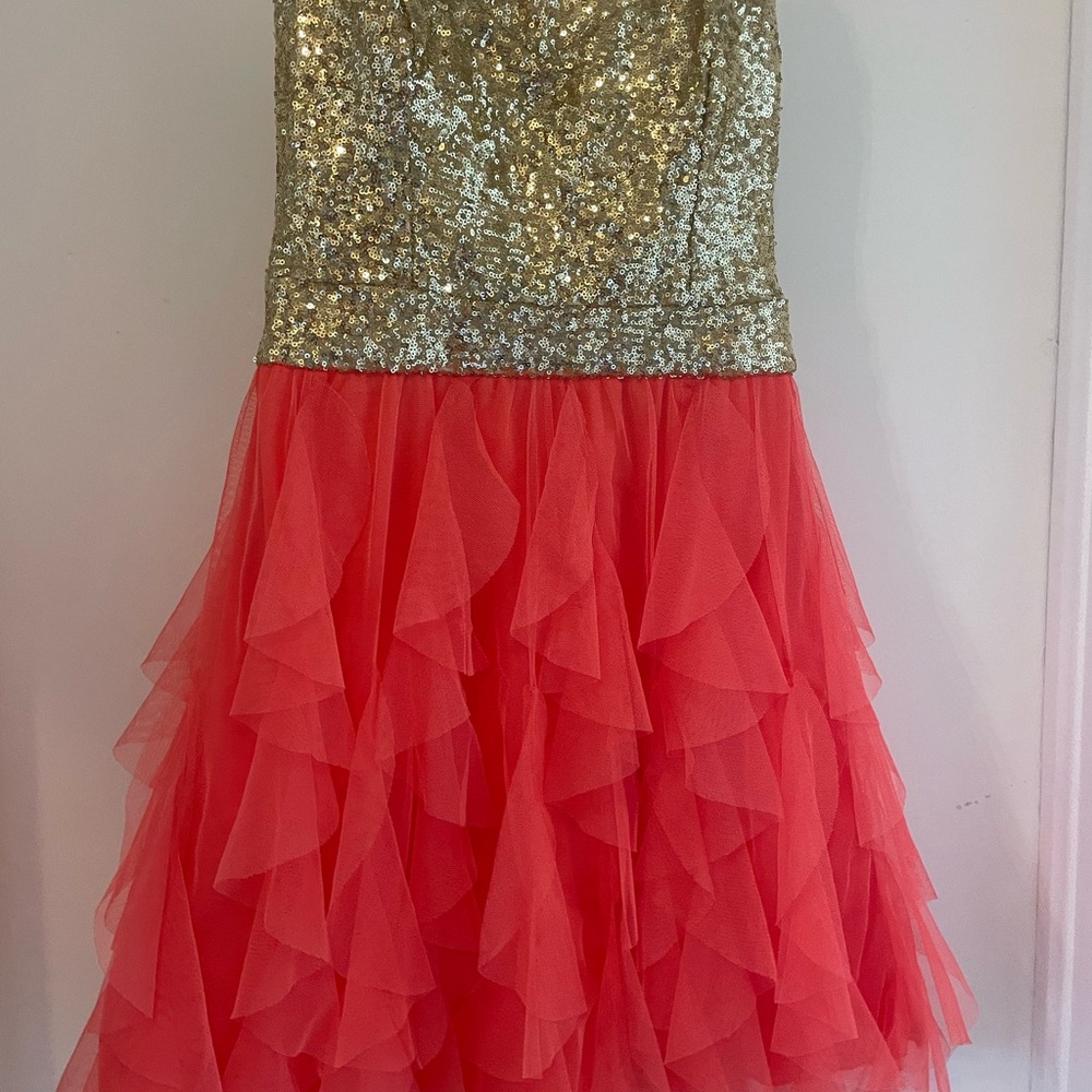 B Darlin Glittering Gold and Vibrant Coral Dress